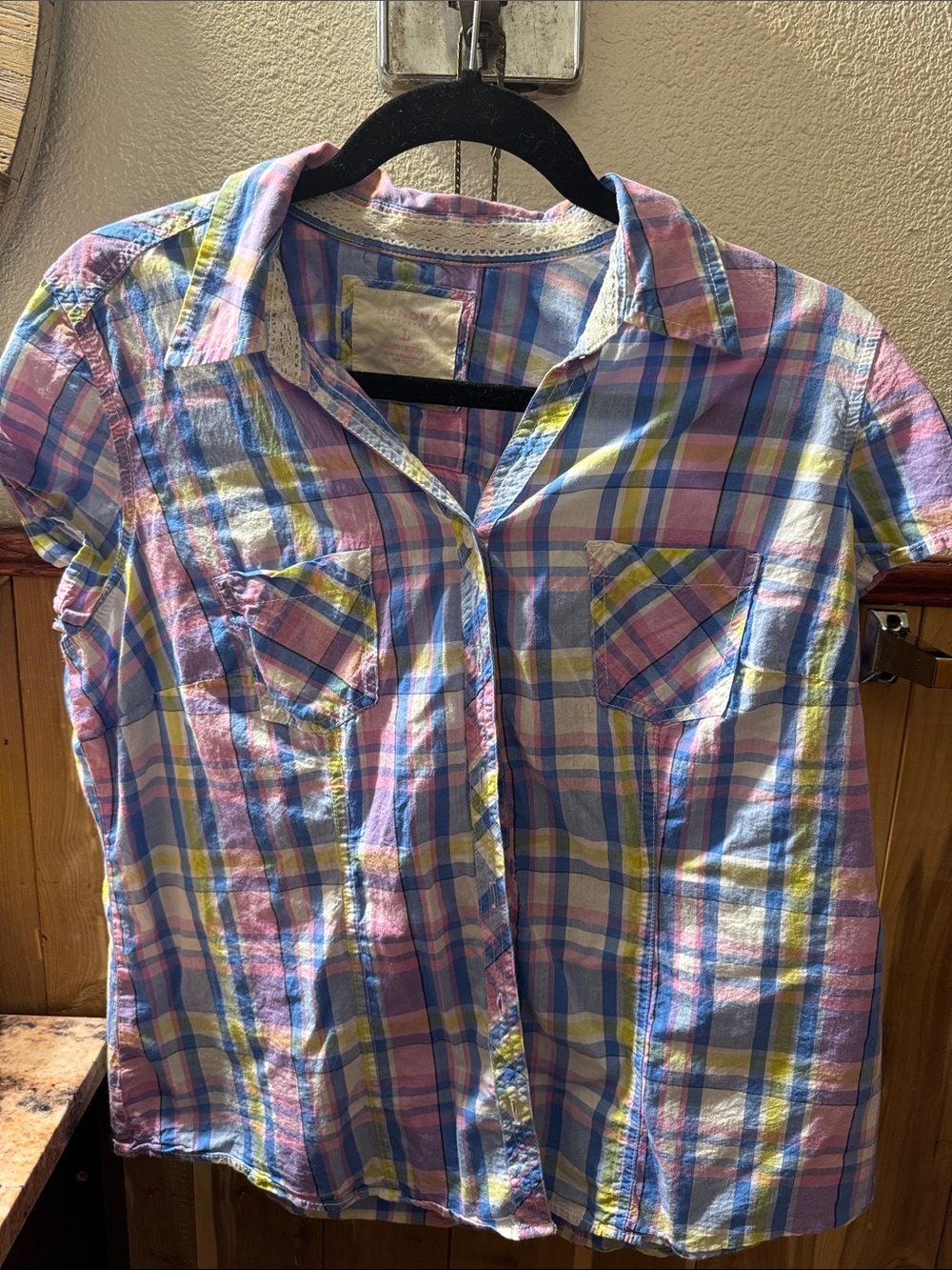 Sonoma Pink, Blue & Yellow Plaid Short-Sleeve Button-Down Shirt